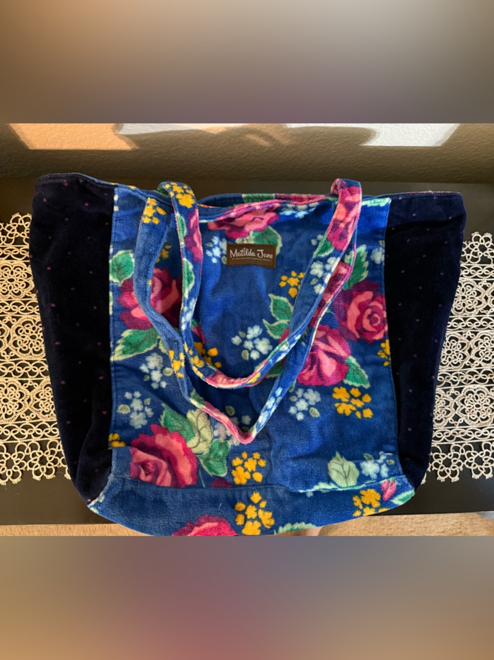 Matilda Jane Blue Floral Velour Tote with Pink Roses and Yellow Accents